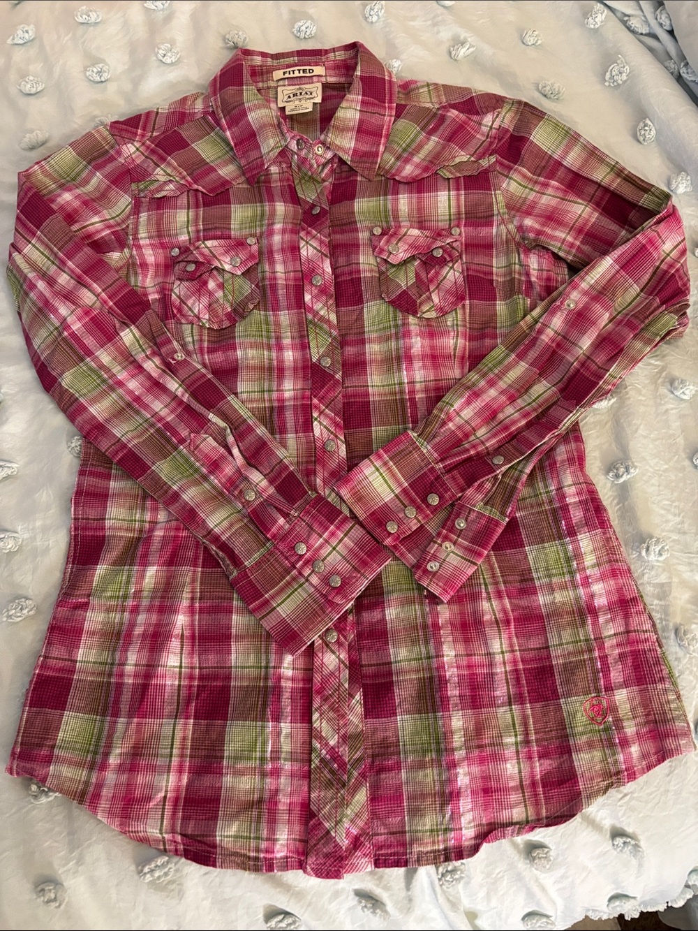 Ariat Pink and Green Plaid Snap-Down Western Shirt